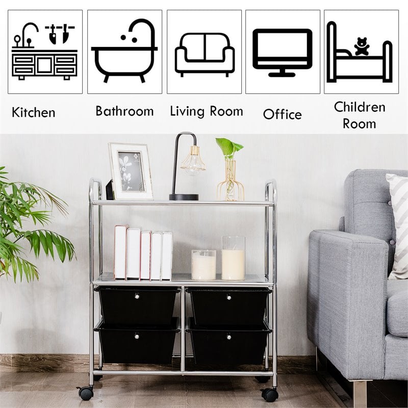 Costway 4-drawer Contemporary PP and Steel Rolling Storage Cart in Black/Silver