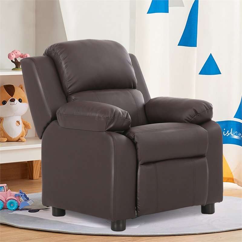 Costway Polyurethane Kids Sofa Armchair Recliner with Storage Arm in Brown