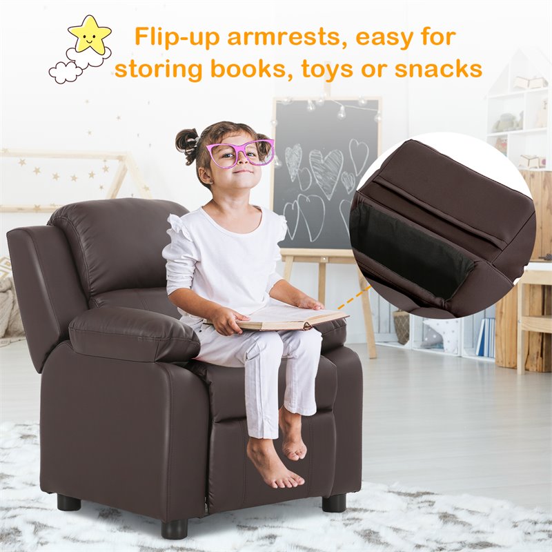 Costway Polyurethane Kids Sofa Armchair Recliner with Storage Arm in Brown
