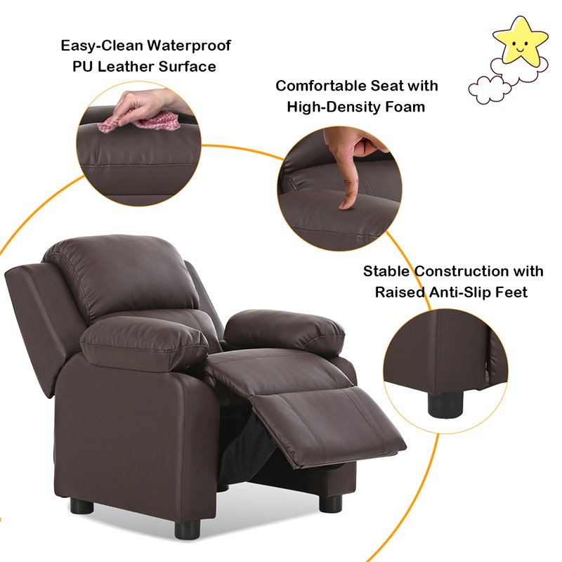 Costway Polyurethane Kids Sofa Armchair Recliner with Storage Arm in Brown