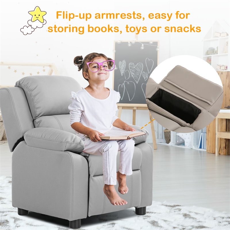 Costway Polyurethane Kids Sofa Armchair Recliner with Storage Arm in Gray