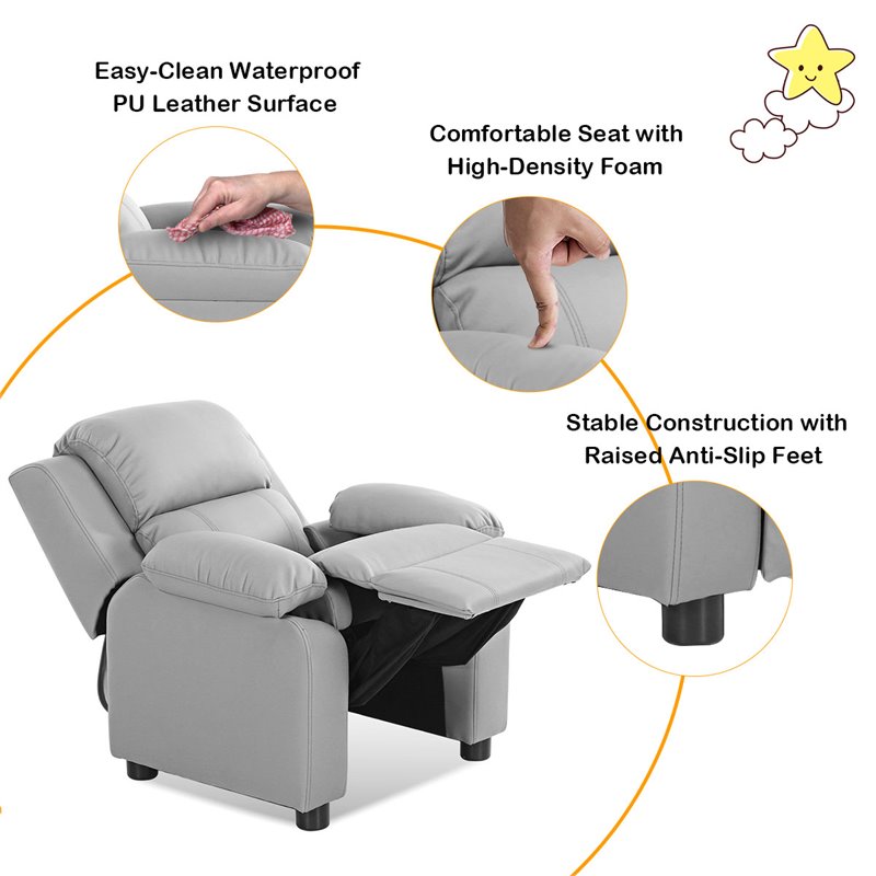 Costway Polyurethane Kids Sofa Armchair Recliner with Storage Arm in Gray