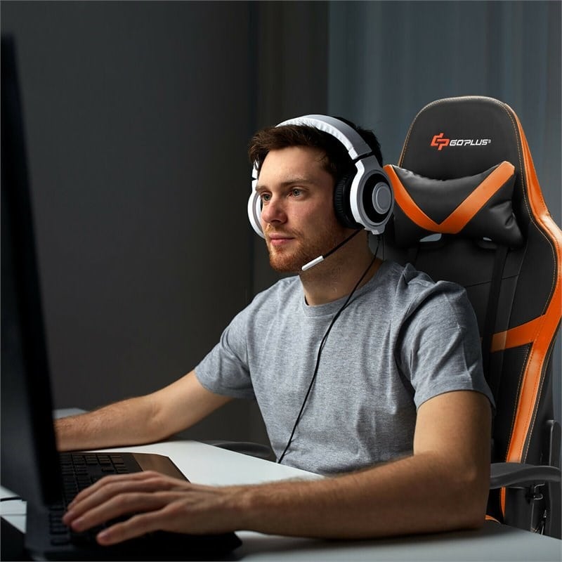 Costway Polyurethane Gaming Chair with Footrest in Black/Orange