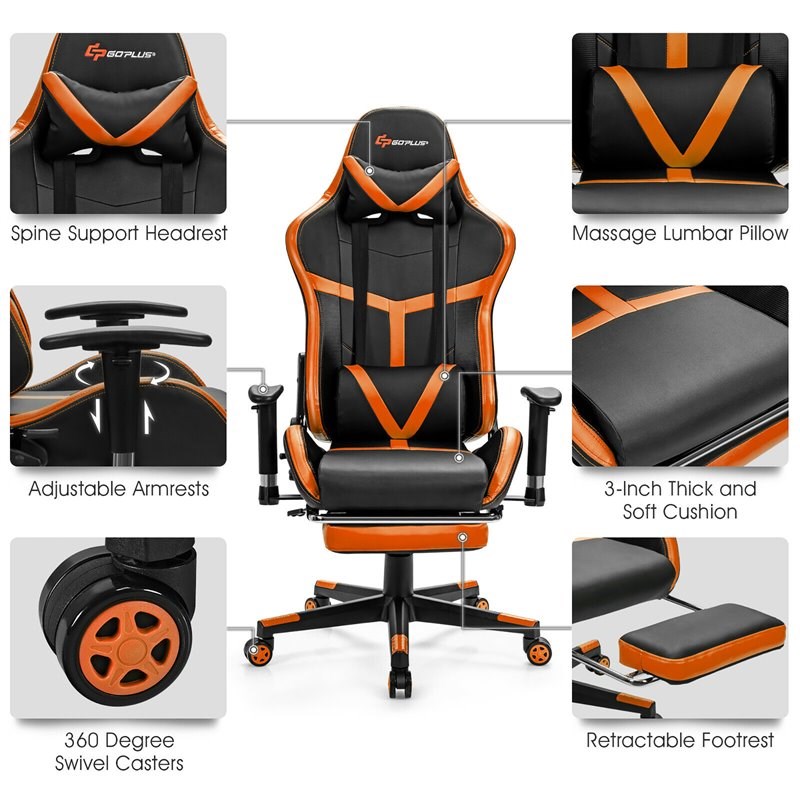 Costway Polyurethane Gaming Chair with Footrest in Black/Orange