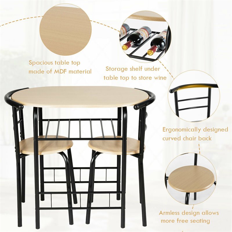 Costway 3-piece MDF and Iron Dining Set with Table and 2 Chairs in Natural