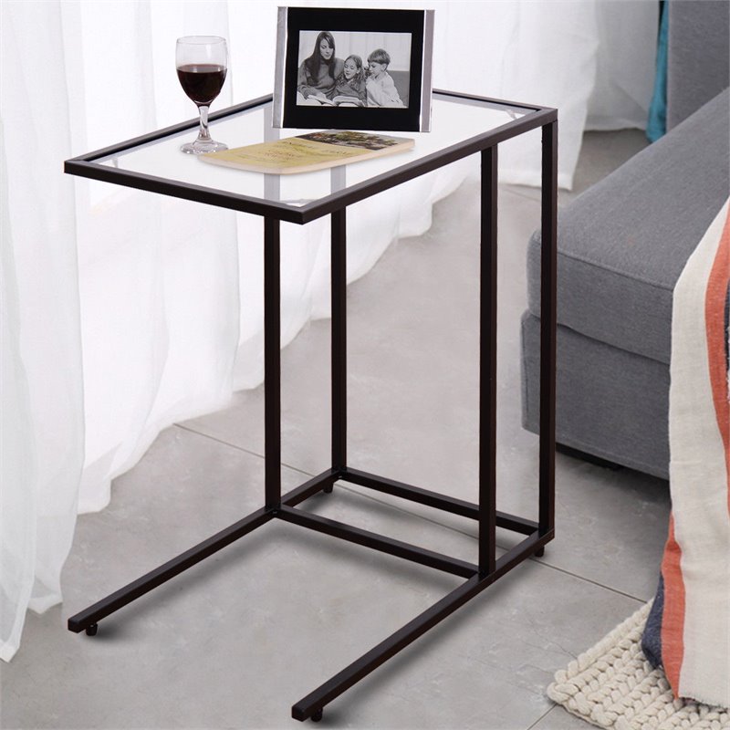 Costway Steel Coffee Tray Side Sofa End Table with Glass Top in Black