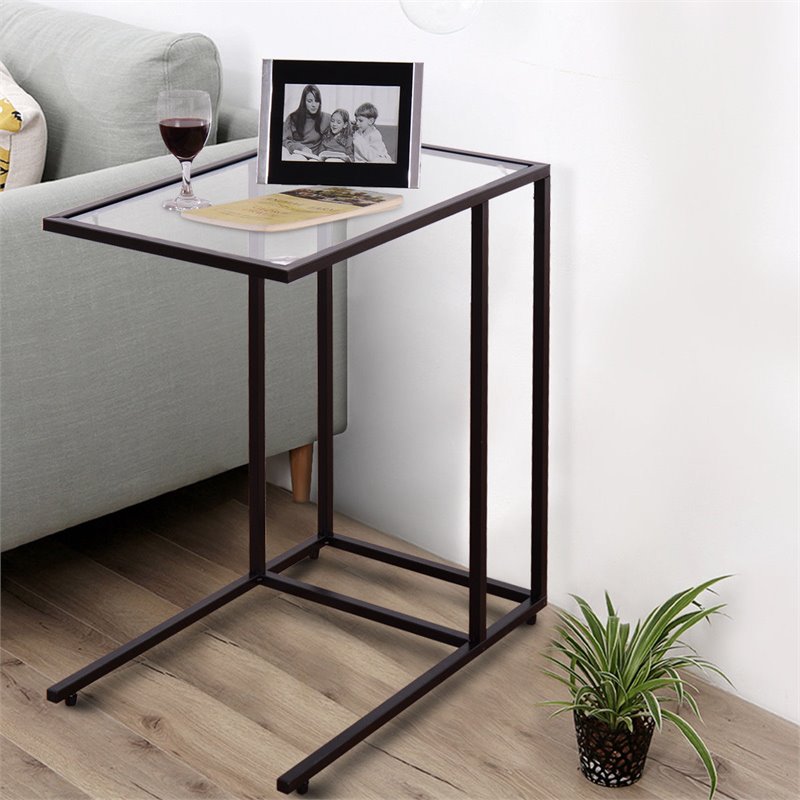 Costway Steel Coffee Tray Side Sofa End Table with Glass Top in Black