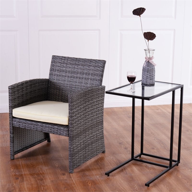 Costway Steel Coffee Tray Side Sofa End Table with Glass Top in Black