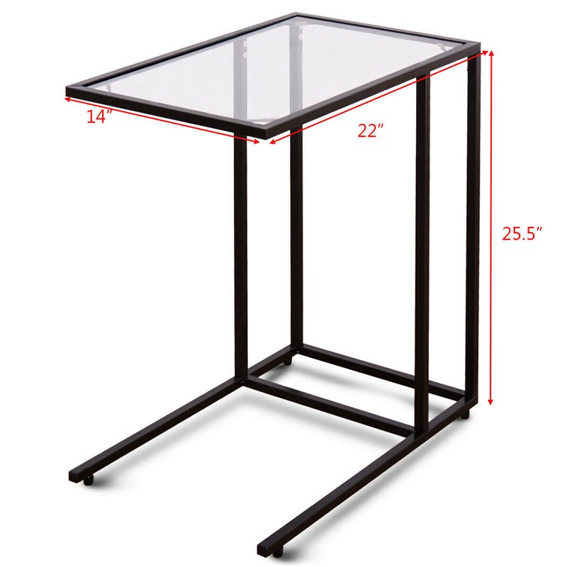 Costway Steel Coffee Tray Side Sofa End Table with Glass Top in Black