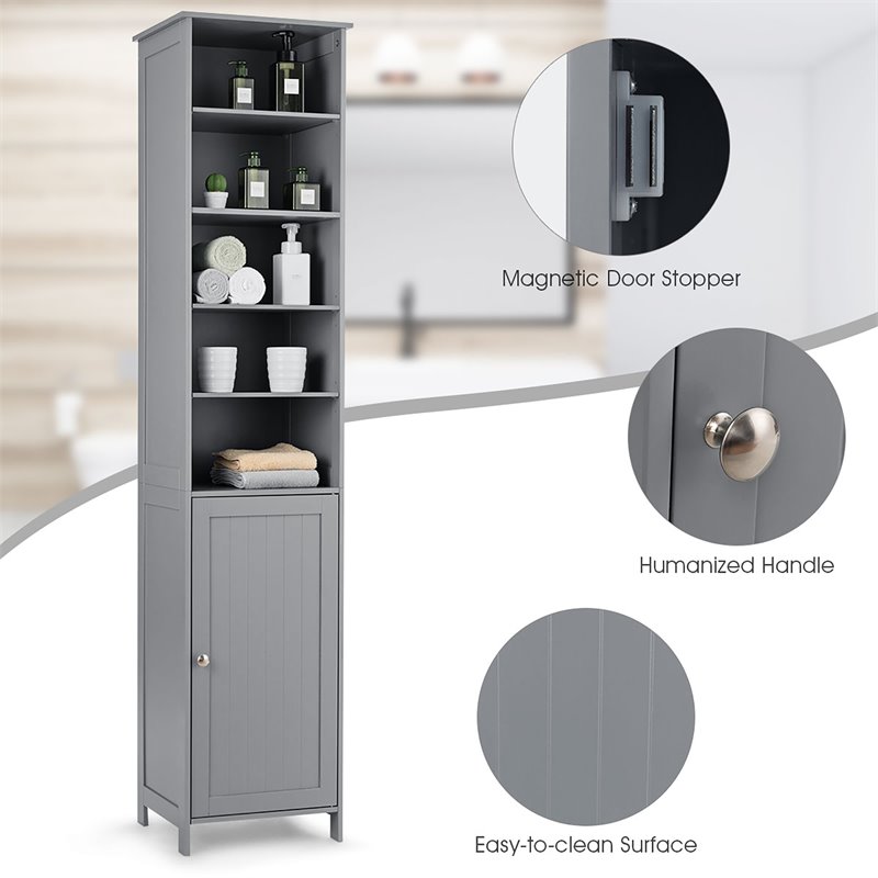 Costway 72'' Contemporary MDF Bathroom Cabinet with 5 Shelves in Gray