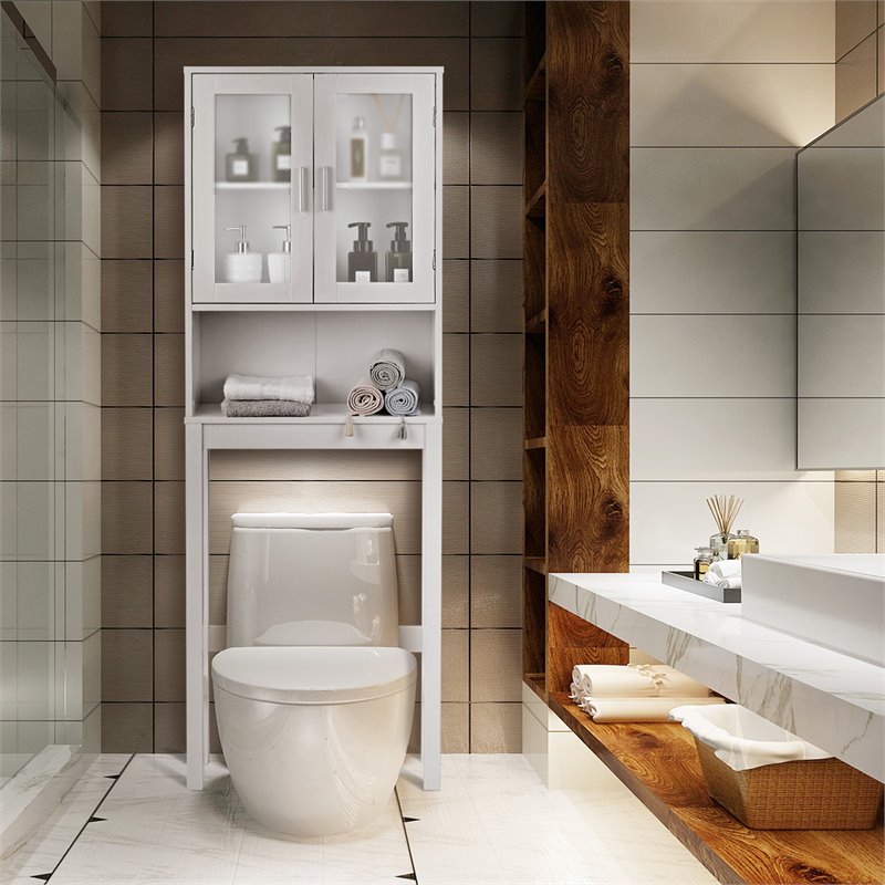 Costway Contemporary MDF and Glass Bathroom Spacesaver in White