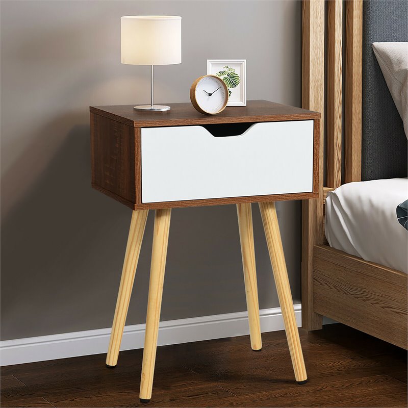 Costway Contemporary Particle Board Nightstand with Solid Wood Leg in Walnut