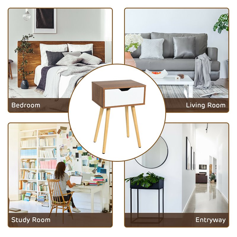 Costway Contemporary Particle Board Nightstand with Solid Wood Leg in Walnut