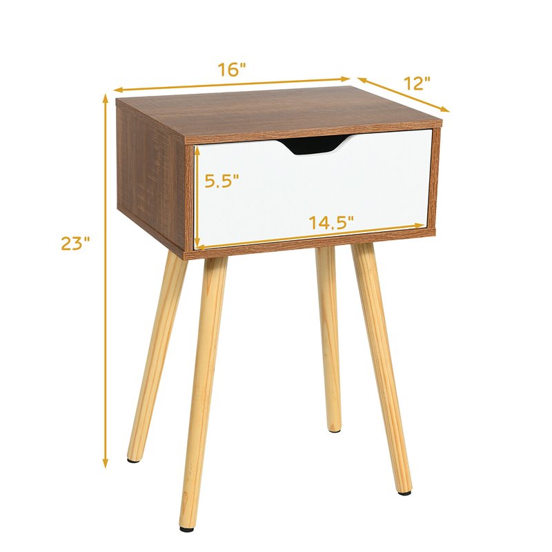 Costway Contemporary Particle Board Nightstand with Solid Wood Leg in Walnut