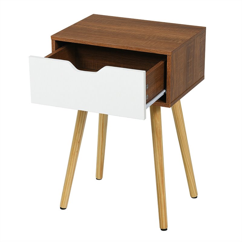Costway Contemporary Particle Board Nightstand with Solid Wood Leg in Walnut