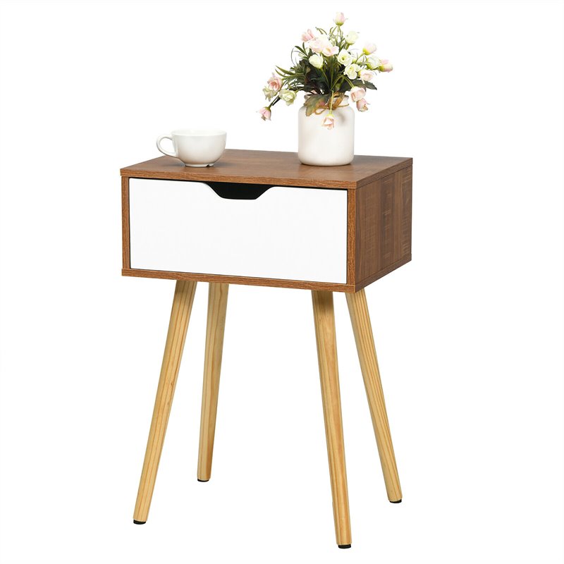 Costway Contemporary Particle Board Nightstand with Solid Wood Leg in Walnut