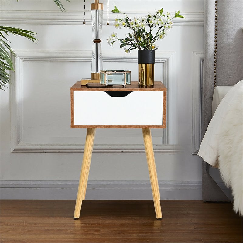 Costway Contemporary Particle Board Nightstand with Solid Wood Leg in Walnut