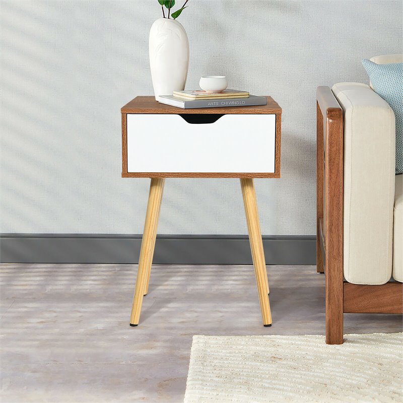 Costway Contemporary Particle Board Nightstand with Solid Wood Leg in Walnut