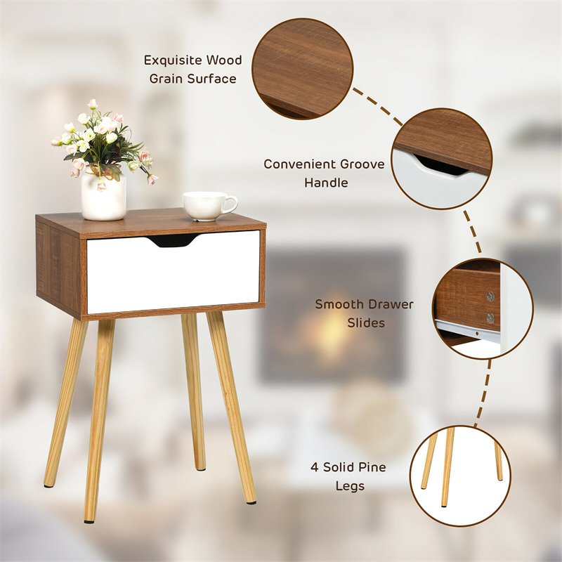 Costway Contemporary Particle Board Nightstand with Solid Wood Leg in Walnut