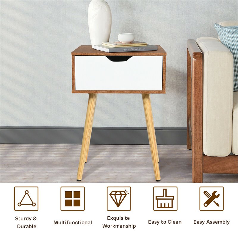 Costway Contemporary Particle Board Nightstand with Solid Wood Leg in Walnut