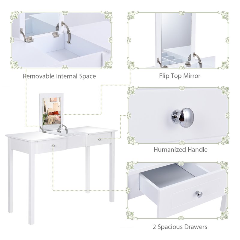 Costway MDF and Wood Dressing Table Set with Flip-top Mirror in White