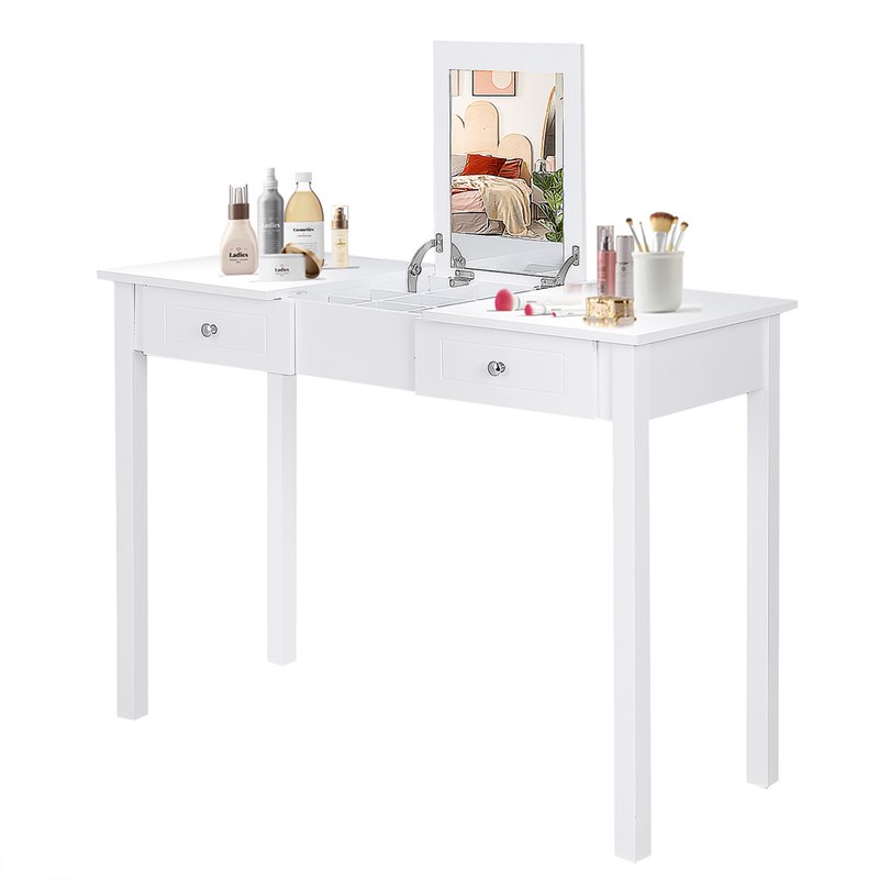 Costway MDF and Wood Dressing Table Set with Flip-top Mirror in White
