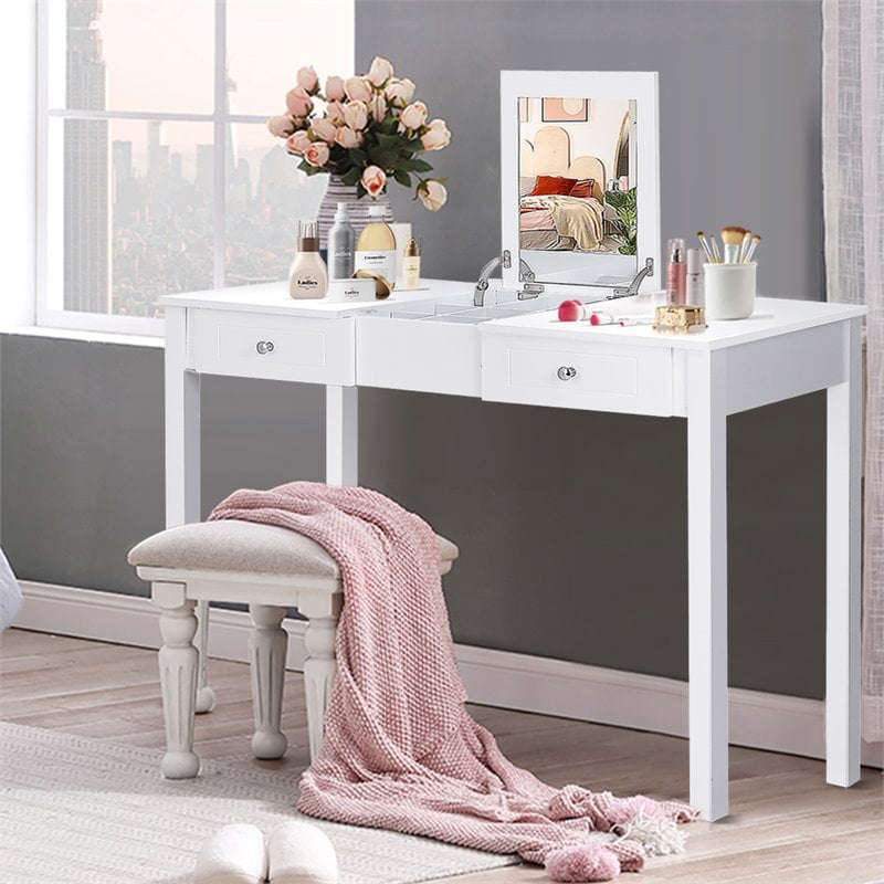 Costway MDF and Wood Dressing Table Set with Flip-top Mirror in White