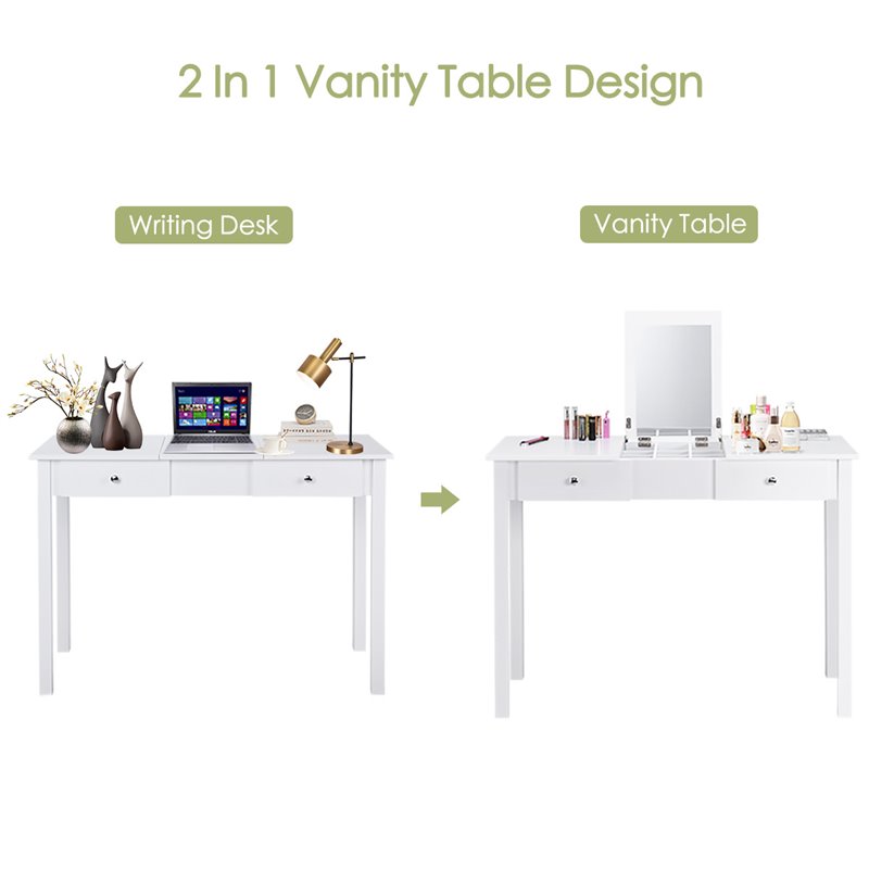 Costway MDF and Wood Dressing Table Set with Flip-top Mirror in White