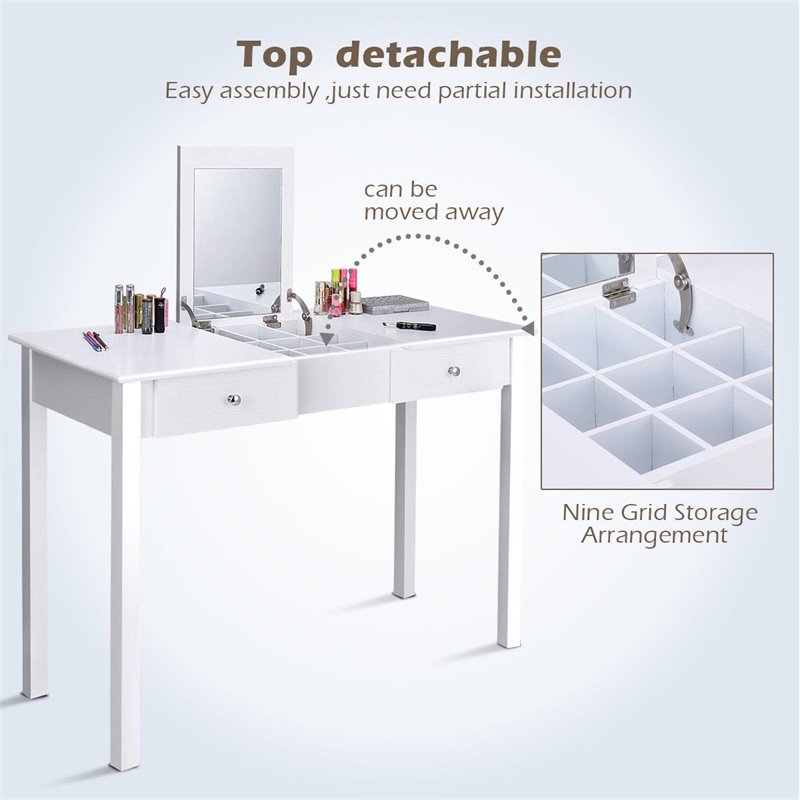 Costway MDF and Wood Dressing Table Set with Flip-top Mirror in White