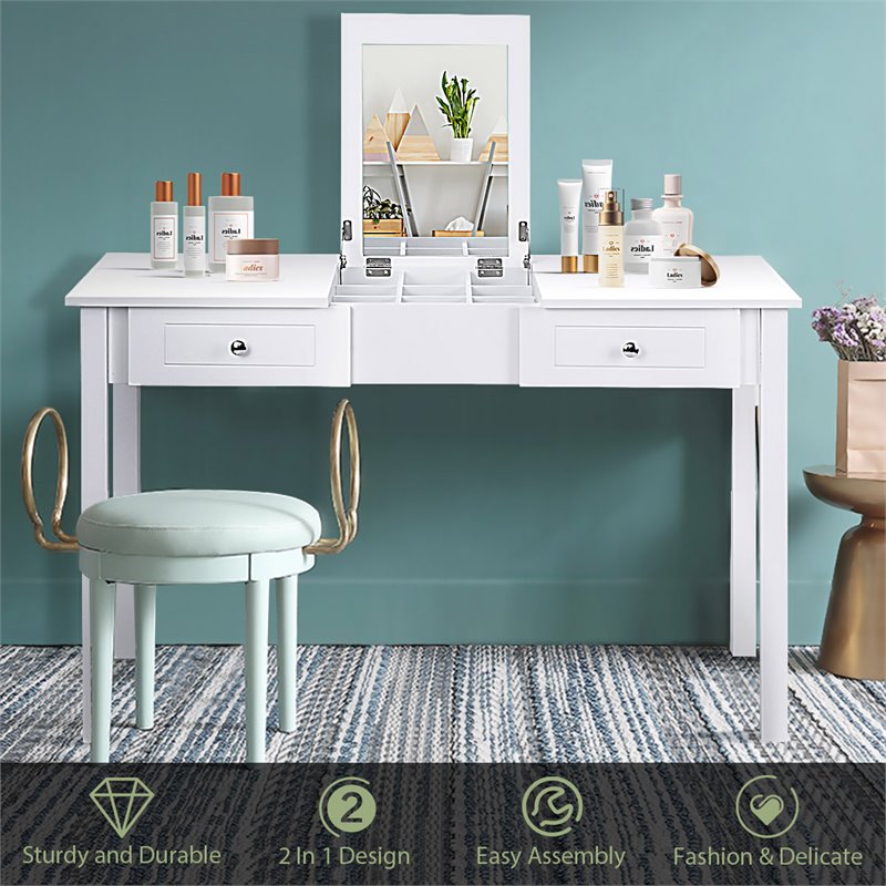 Costway MDF and Wood Dressing Table Set with Flip-top Mirror in White