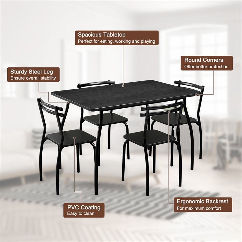 Costway 5-piece Home Kitchen Wood Dining Set with Table/4 Chairs in Black