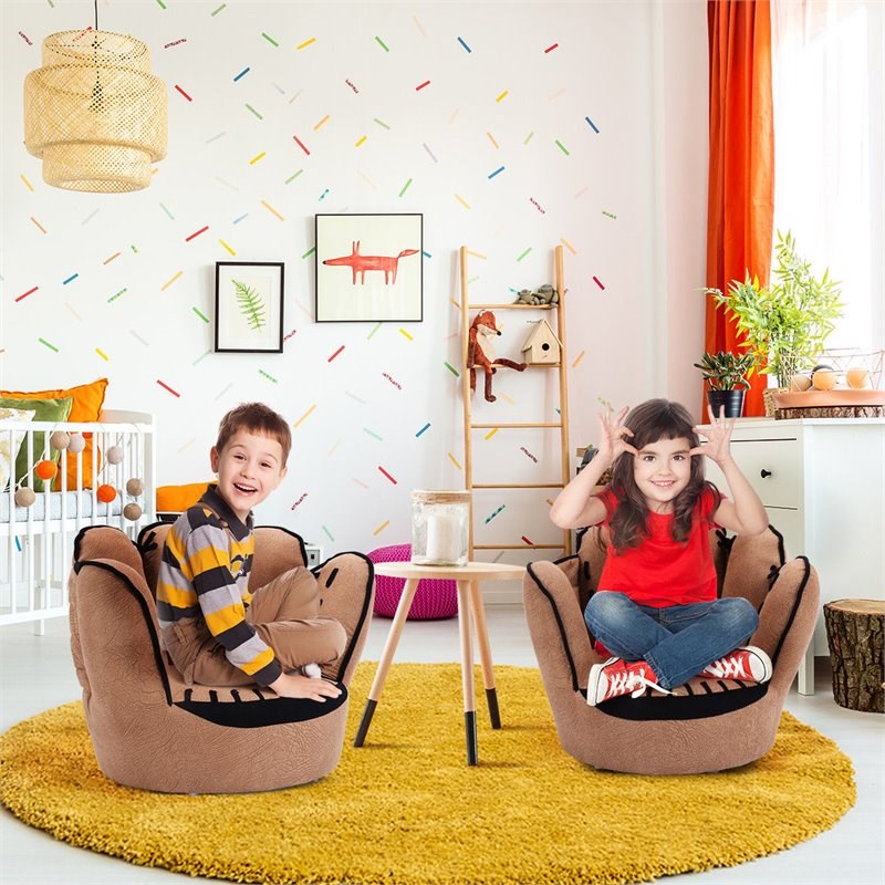 Costway Baseball Glove Shaped Faux Leather Kids Armrest Chairs in Brown