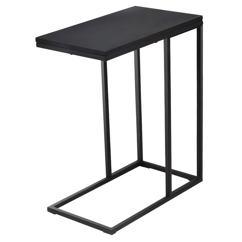 Costway C-shaped Steel Coffee Tray Side Sofa End Table with Glass Top in Black