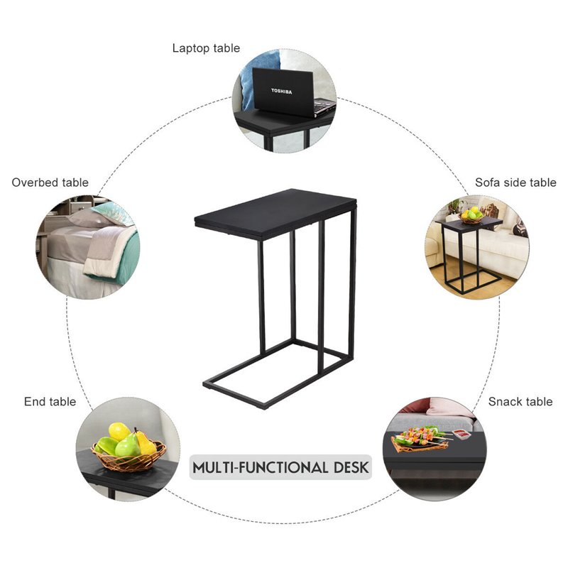 Costway C-shaped Steel Coffee Tray Side Sofa End Table with Glass Top in Black