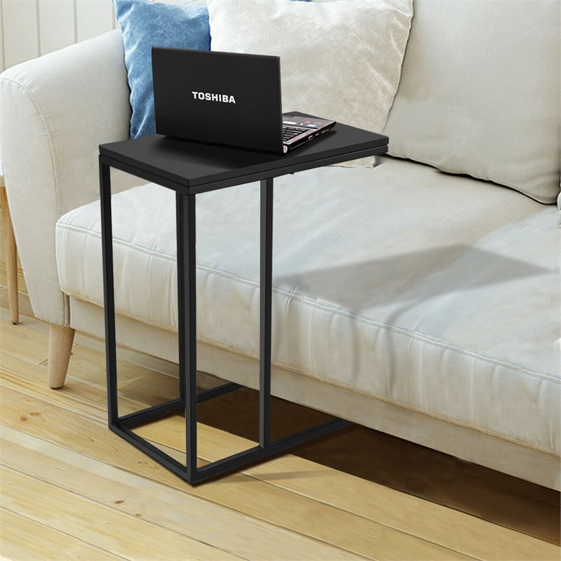 Costway C-shaped Steel Coffee Tray Side Sofa End Table with Glass Top in Black