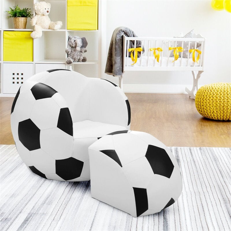 Costway Football Shaped Polyurethane Kids Sofa with Ottoman in Black/White