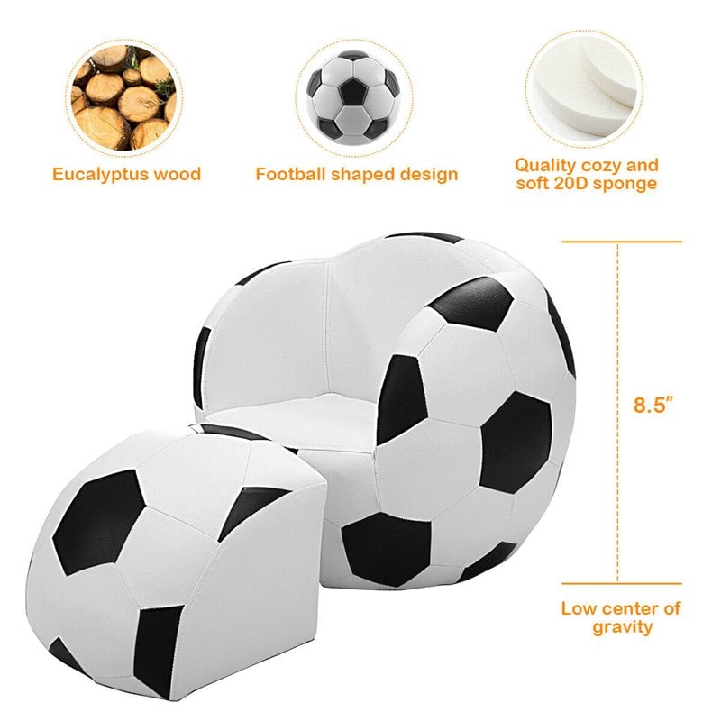 Costway Football Shaped Polyurethane Kids Sofa with Ottoman in Black/White
