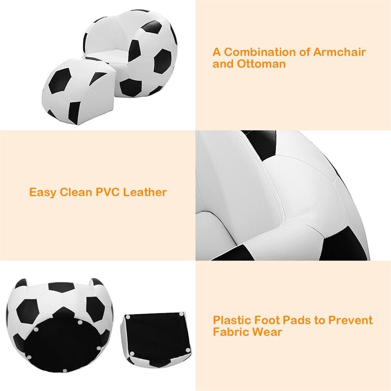 Costway Football Shaped Polyurethane Kids Sofa with Ottoman in Black/White