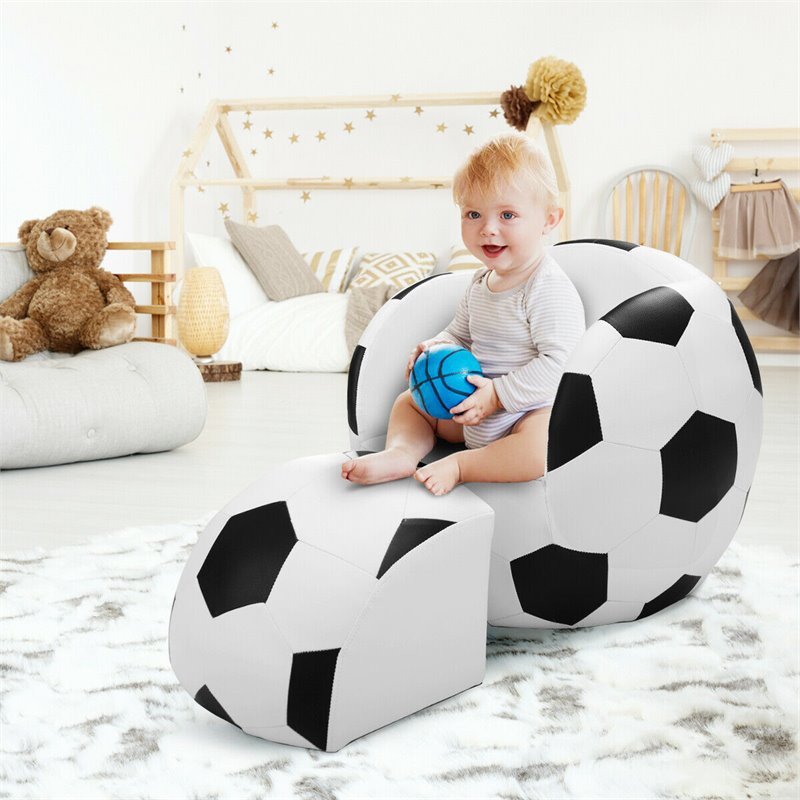 Costway Football Shaped Polyurethane Kids Sofa with Ottoman in Black/White