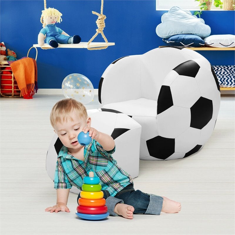 Costway Football Shaped Polyurethane Kids Sofa with Ottoman in Black/White