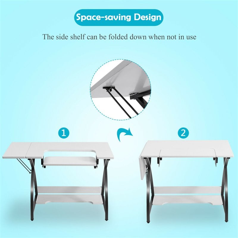 Costway MDF and PVC Folding Sewing Table with Adjustable Platform in White