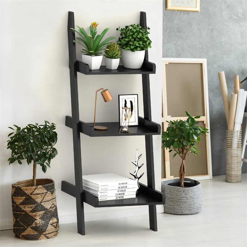 Costway 3-tier Contemporary MDF Leaning Rack Wall Ladder Book Shelf in Black