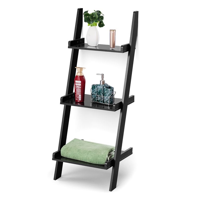 Costway 3-tier Contemporary MDF Leaning Rack Wall Ladder Book Shelf in Black