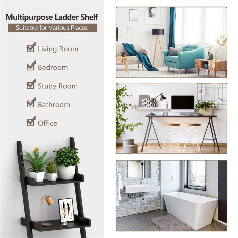 Costway 3-tier Contemporary MDF Leaning Rack Wall Ladder Book Shelf in Black