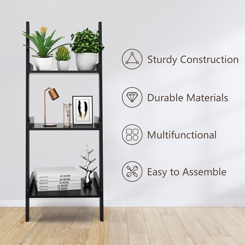 Costway 3-tier Contemporary MDF Leaning Rack Wall Ladder Book Shelf in Black