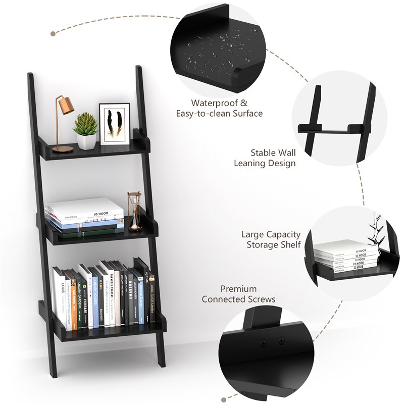 Costway 3-tier Contemporary MDF Leaning Rack Wall Ladder Book Shelf in Black