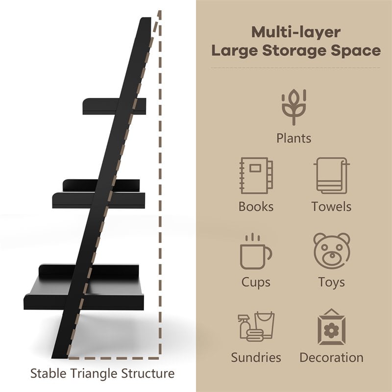 Costway 3-tier Contemporary MDF Leaning Rack Wall Ladder Book Shelf in Black