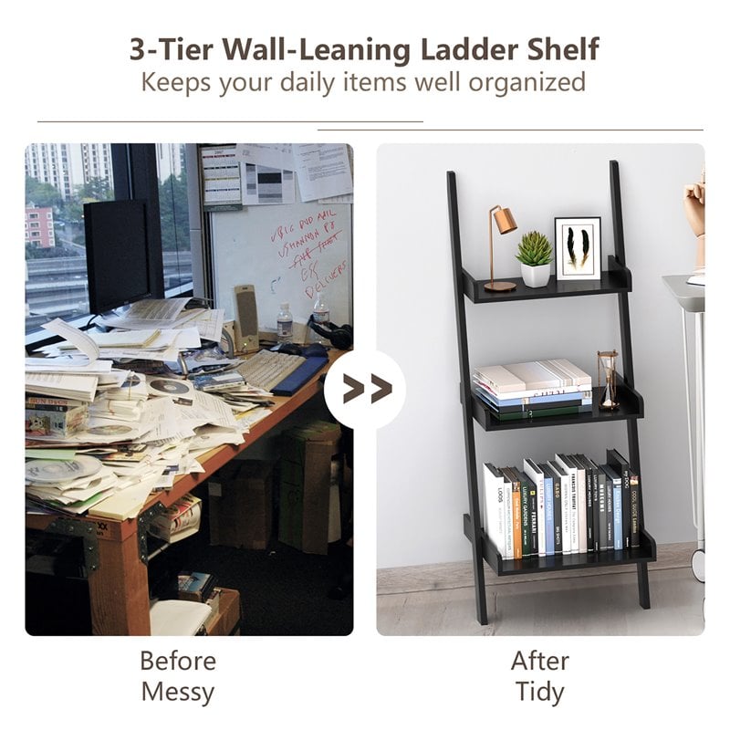 Costway 3-tier Contemporary MDF Leaning Rack Wall Ladder Book Shelf in Black