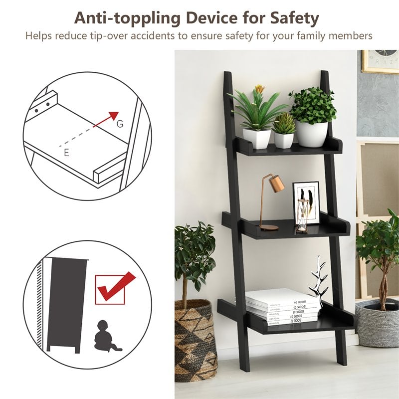 Costway 3-tier Contemporary MDF Leaning Rack Wall Ladder Book Shelf in Black