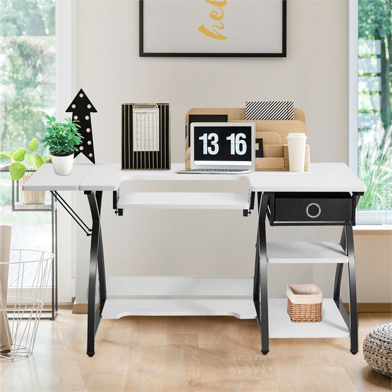 Costway MDF and PVC Folding Sewing Table with Drawer and 3 Shelves in White